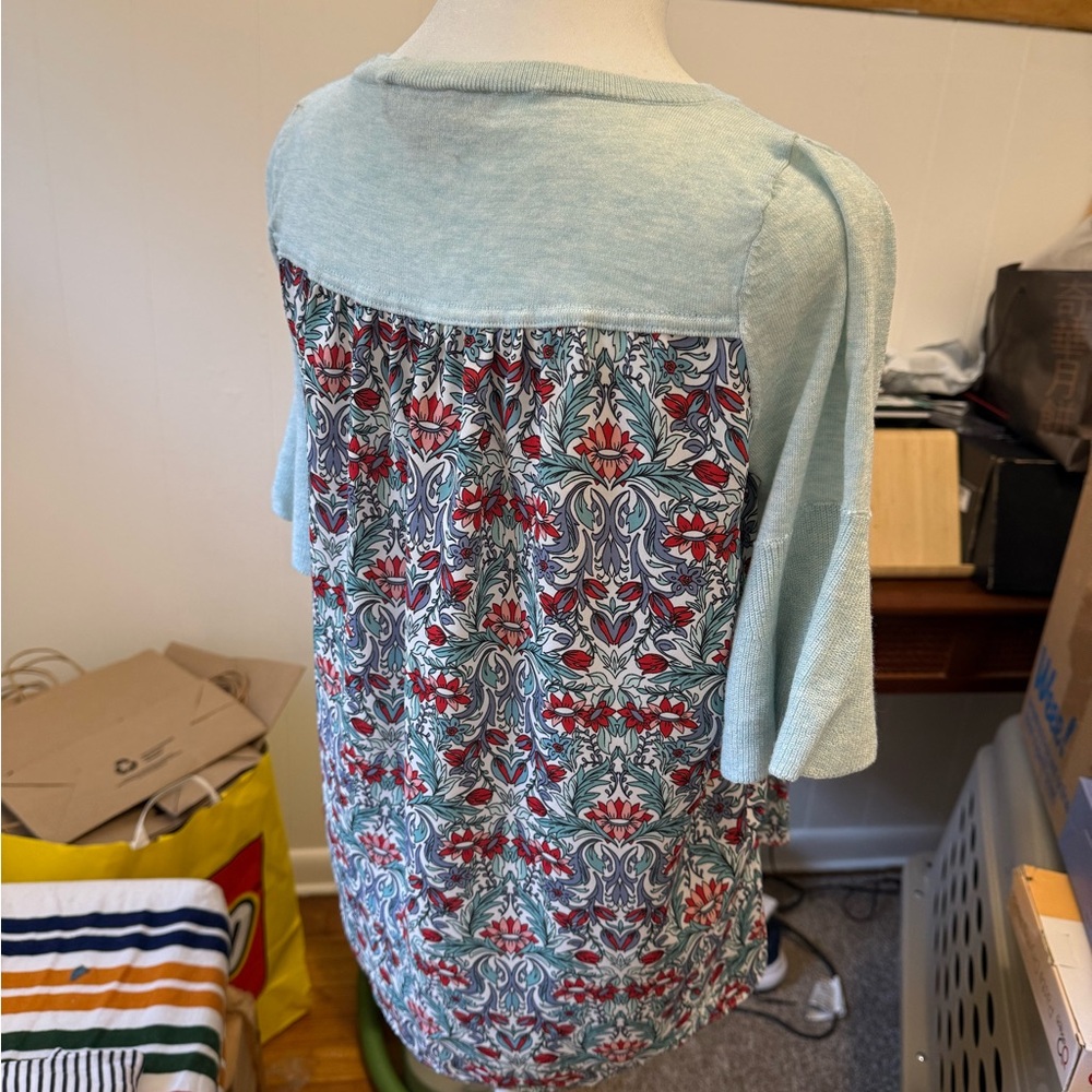 LOFT Light Blue and Red Floral Long Sleeve Top